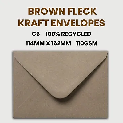 C6 / A6 Brown Fleck Kraft 100% Recycled Envelopes 110gsm 114x162mm • £1.99