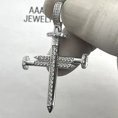 925  Solid Sterling Silver Cubic Zirconia Nail Cross Pendant • $39.95