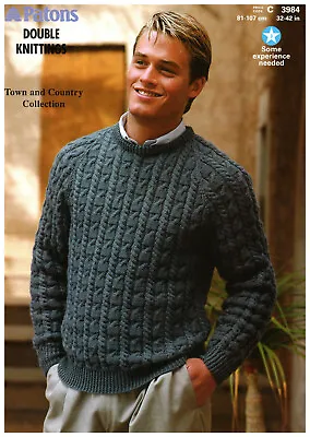Original Knitting Pattern For Man's Cable Sweater 32-42  DK Round Neck • £1.75