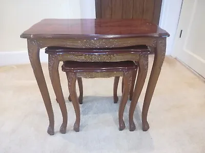 Nest Of 3 Tables Mahogany Veneer With Marquetry Inlay Carved Legs And Rails. • £145