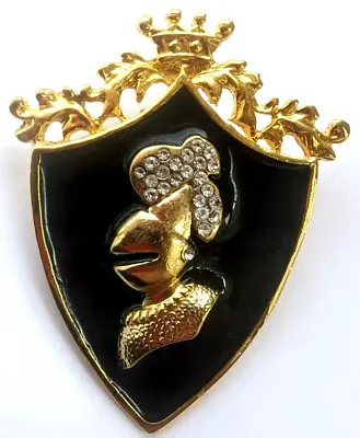 Vintage OTC Crown Shield Knight Rhinestone Brooch Gold Tone Black Enamel 2.5/8  • $13.95