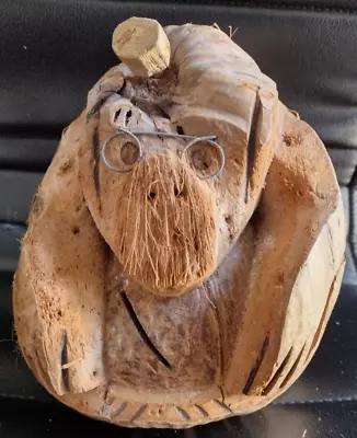 Vintage Coconut Shell Monkey Or Walrus With Glasses Bank Carved Money Bank • $9.99