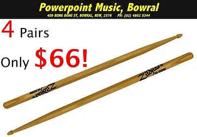 Zildjian 5ACW Hickory Drum Sticks Acorn Wood Tip 4 PAIRS! RRP $88 • $66