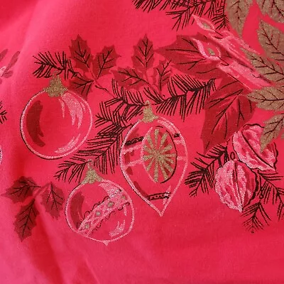 Vtg Red MCM Christmas Tablecloth Poinsettia Shiny Brite Ornaments Birds Bells • $29.90