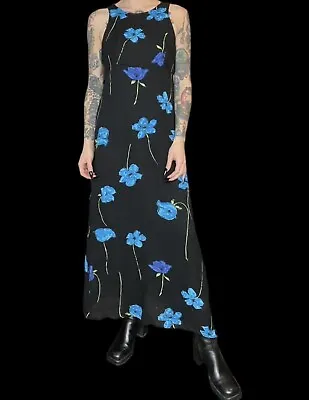 Vintage 90s Black Floral Flower Power Chiffon Midi Maxi Summer Dress Made In USA • $39