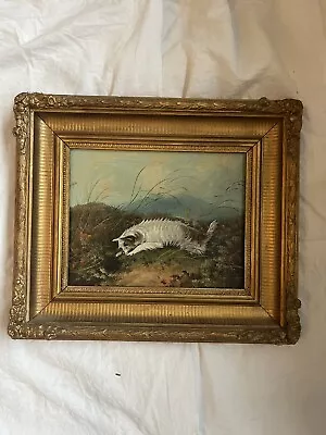 J. Langlois 1855-1904 British Oil Painting Terrier Looking Down A Hole. • £250