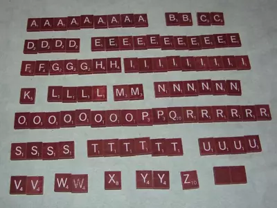 SCRABBLE TILES Maroon Red White Letters ~ 98 Replacement Crafts Scrap Booking • $9.98