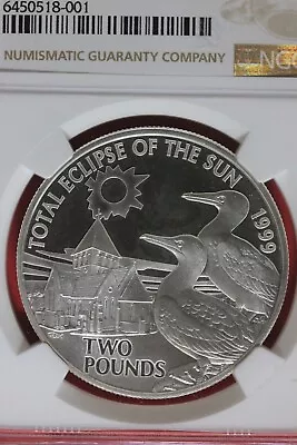 1999 PF 68 Alderney UK Total Eclipse Of The Sun 2 Pounds Silver Coin NGC OCE 339 • $139.01