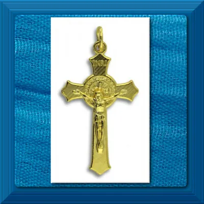 St Saint Benedict CRUCIFIX Cross Medal 1 1/2  ITALY 1.5  Gold Plated OD2a • $2.39