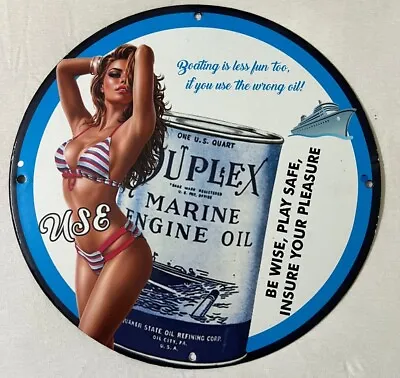 Duplex Marine Engine Oil Beach Naked Pinup Babe Gas Oil Garage Porcelain Sign. • $130