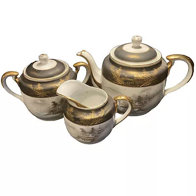 Vintage Oriental Teapot Creamer Sugar Set Black Gold Pagoda • £20