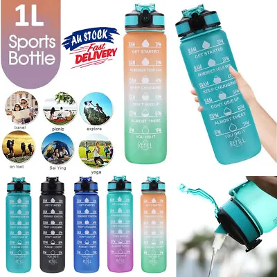 1L Water Bottle Motivational Drink Flask With Time Markings BPA Free Sport Gym • $9.28