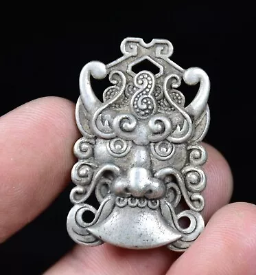 3.5CM Old China Miao Silver Feng Shui Lion Beast Head Pendant Amulet Necklace • $12