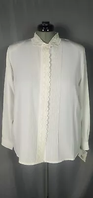 Vintage 80s Womens Top XL Pearl Applique Collar Tuxedo Front Blouse Victorian • £24.30