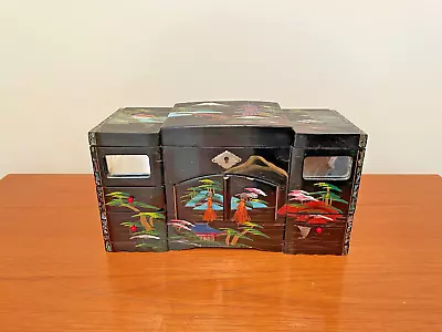 Vintage Hand Painted Black Laquer Japanese Musical Jewellery Box - WORKING! • £39.99