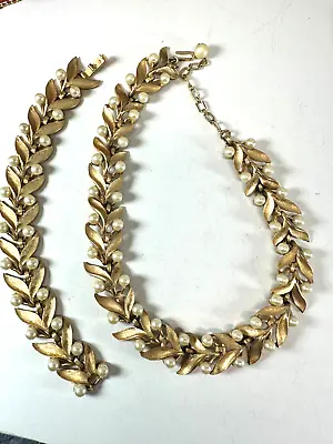 Vintage Necklace Trifari Lot Bracelet Simulated Pearl 1960s Set Leaf Matching • $199