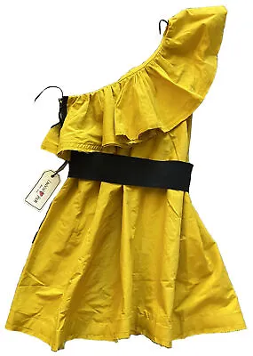 LANVIN X H&M⚡️Size 8 Off One Shoulder Ruffled Yellow Side Zip 2010 Mini Dress • $199.99