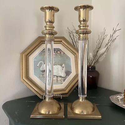 Vintage Set Of 2 Solid Brass Lacquer Candlesticks 12  Square Footed Base • $12.50