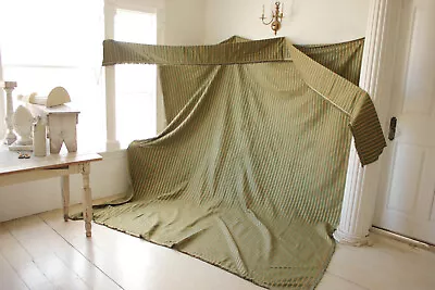 Silk Moire Striped Fabric & Valance Green And Gold French C1900 Woven Textile • $815