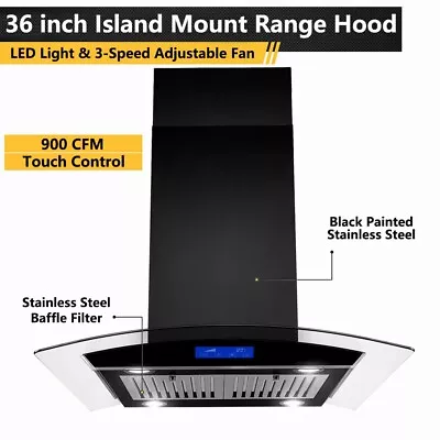 Tieasy 36 Inch Island Range Hood Vent Black Stainless Steel Cooking Fan 900CFM • $284.99