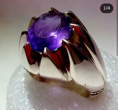 Solid 925 Sterling Silver Natural Purple Amethyst Cut Gemstone Signet Men's Ring • $42.74