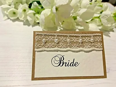 Rustic Place Cards Personalised With Names - Hessian Ribbon With Lace & Pearls • £5.95