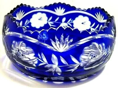 Vintage Czech Bohemian Cobalt Blue Glass Cut To Lead Crystal Saw Tooth Bowl  • $125.38