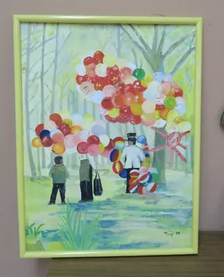 Vintage Oil On Canvas Painting Signed Marge 17  X 23   Framed Balloons Kids • £54.89