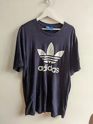 $20 • Buy Adidas Shirt Mens 2XL XXL Navy Blue Trefoil Logo Short Sleeve Cotton Graphic