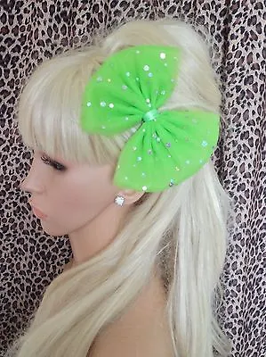 NEW NEON GREEN BIG 6  SPARKLE BOW TULLE TUTU NET HAIR CLIP 80s PARTY FANCY DRESS • £4.99