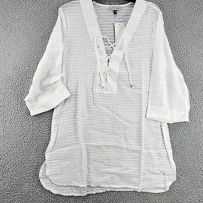 J. Valdi Lace Up Shirt Swim Cover Up Women's L White Striped Chenille Blend~ • $14.47