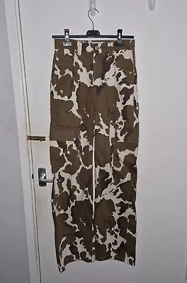 Women's Ladies Bershka Size 8 Cow Print Cargo Trousers Pants Brown Straight Leg • £14.99