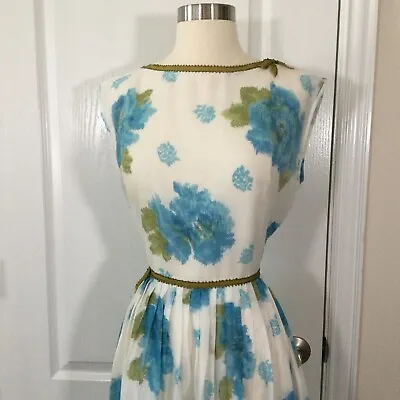 Vintage 60s Cottage Core BLUE Roses Summer Dress L’ Aiglon Sz M L • $95