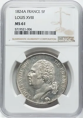 France  1824-a  5 Francs Silver Coin Uncirculated Ngc Certified Ms-61 • $595