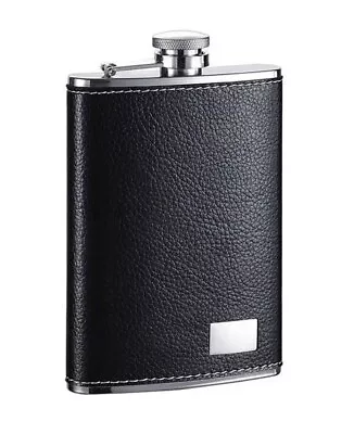 8oz. Stainless Steel Flask With Black Leather Covering Captive Lid New In Box • $11