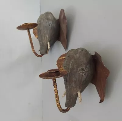 Elephant Wall Sconce Taper Candle Holders Rustic Wood Metal Boho African Copper • £23.59