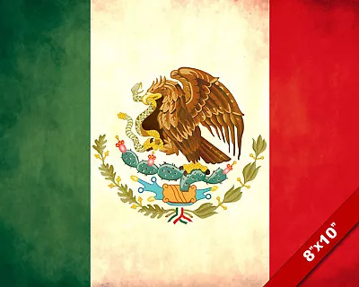 Flag Of Mexico Banner Mexican Coat Of Arms 8x10 Real Canvas Giclee Art Print • $14.99