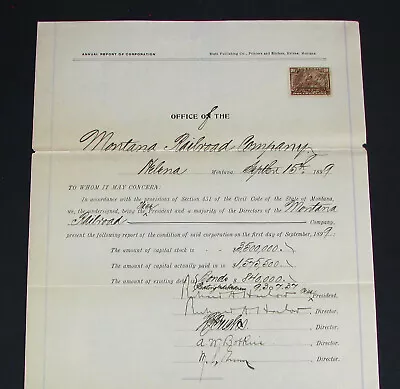 #244 - Neat! 1899 MONTANA RAILROAD CO. Annual Report Document LEWIS & CLARK CO. • $9.95