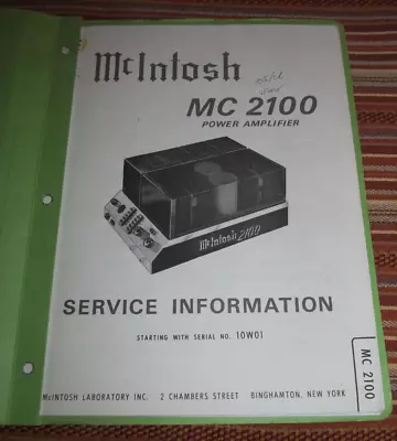 McIntosh MC 2100 Factory Service Manual (Original Paper) • $36