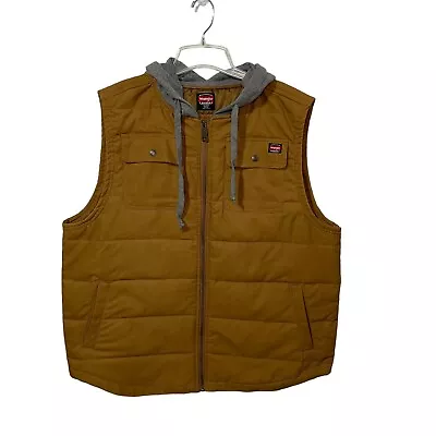 Men's Wrangler Workwear Vest 2XL XXL Brown Cargo Hooded Quilted Lined Outdoor • $24.99