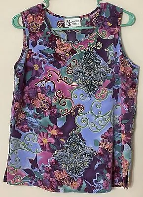 MAGGIE SWEET Women’s Sleeveless Top Made In USA Purple/Blue Floral Size Small • $6.99