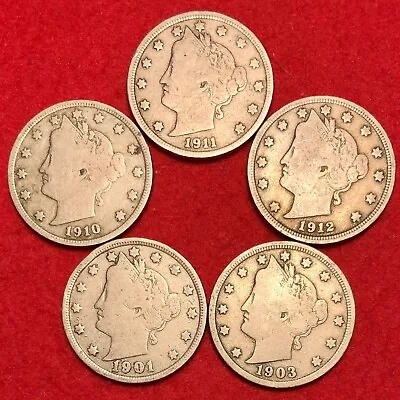 (5) 1900s Liberty Head V Nickels Vintage US Coins VG Or Better Different Years • $9.99