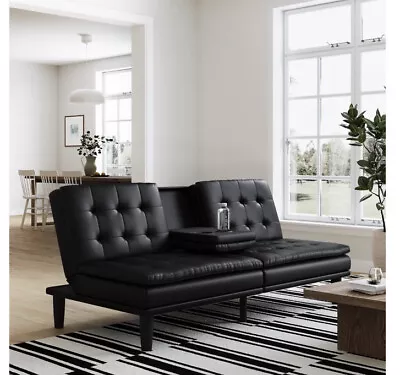 Luxury Black Faux Leather Memory Foam Pillow Top Futon With Cup Holder • $300