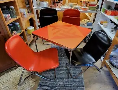 Vtg Mid Century Modern Chrome Folding Card Table Chairs Orange Black Leatherette • $350