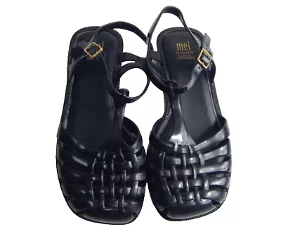 Mel By Melissa Girls 1 Sandal Woven Jelly Black Square Toe T-Strap EUC Free Ship • $33