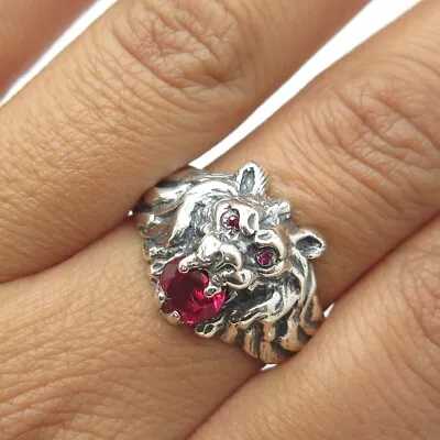 925 Sterling Silver Vintage Lab-Created Pink Sapphire Lion Ring Size 12.5 • $64.95