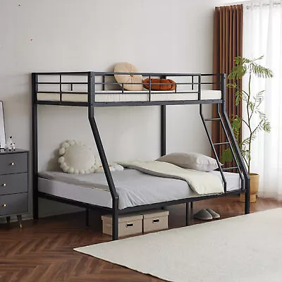 Heavy Duty Twin Over Full Metal Bunk Bed Frame With Ladder And Guard Rail Black • $204.99