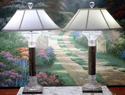 Vintage Glass Crystal And Marble Table Lamps Pair Set Of 2 30  Tall With Shades • $200