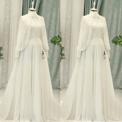 Exquisite Muslim Wedding Dresses High Neck Full Sleeves With Lace Shawl Chiffon • $130.10