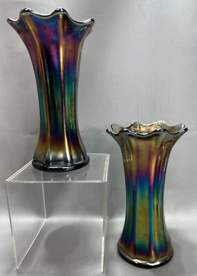 £161.05 • Buy PAIR Australian Carnival Glass CROWN CRYSTAL - Black/Dark/Amethyst Gum Tips Vase